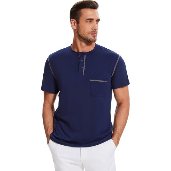 Men Short Sleeve Polo T Shirt Navey Blue Striped Casual Slim Fit Top - Picture 2 of 8